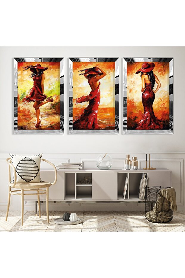 Silver Mirrored Plexiglass Framed Collage Drawing Young Woman Triple Mdf Painting Set