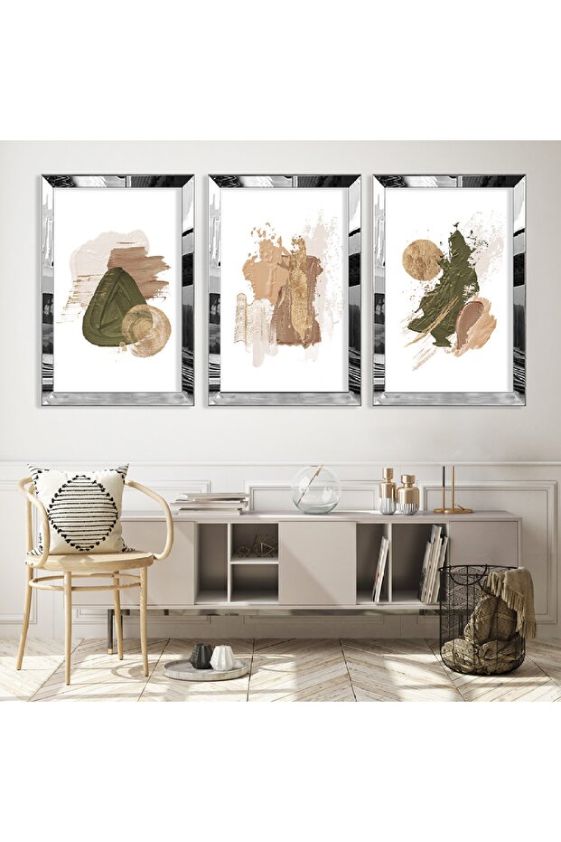 Silver Mirrored Plexiglass Framed Triple Abstract Pattern Shapes Triple Mdf Table Set