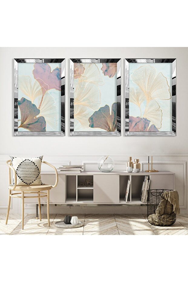 Triple Abstract Pattern Triple Mdf Table Set with Silver Mirrored Plexi Frame