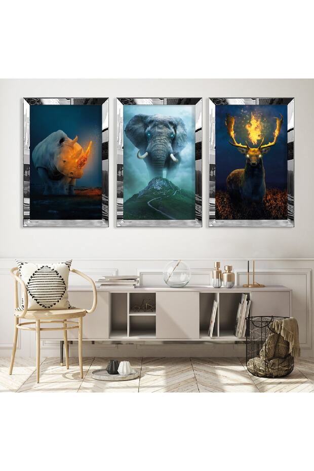 Strong Animals Triple Mdf Table Set with Silver Mirrored Plexi Frame