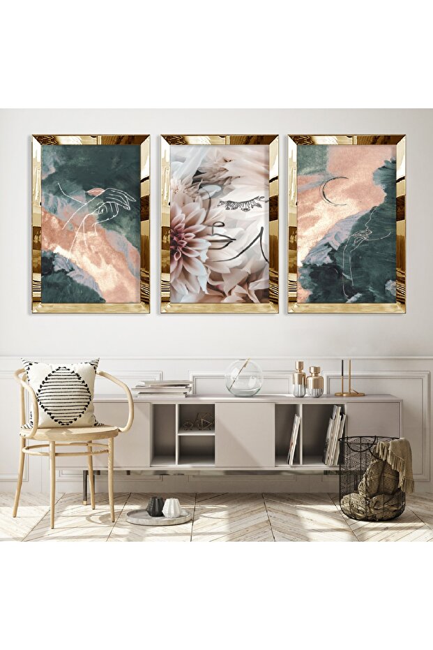 مجموعة رسم ثلاثية من MDF بإطار من زجاج شبكي عاكس ذهبي