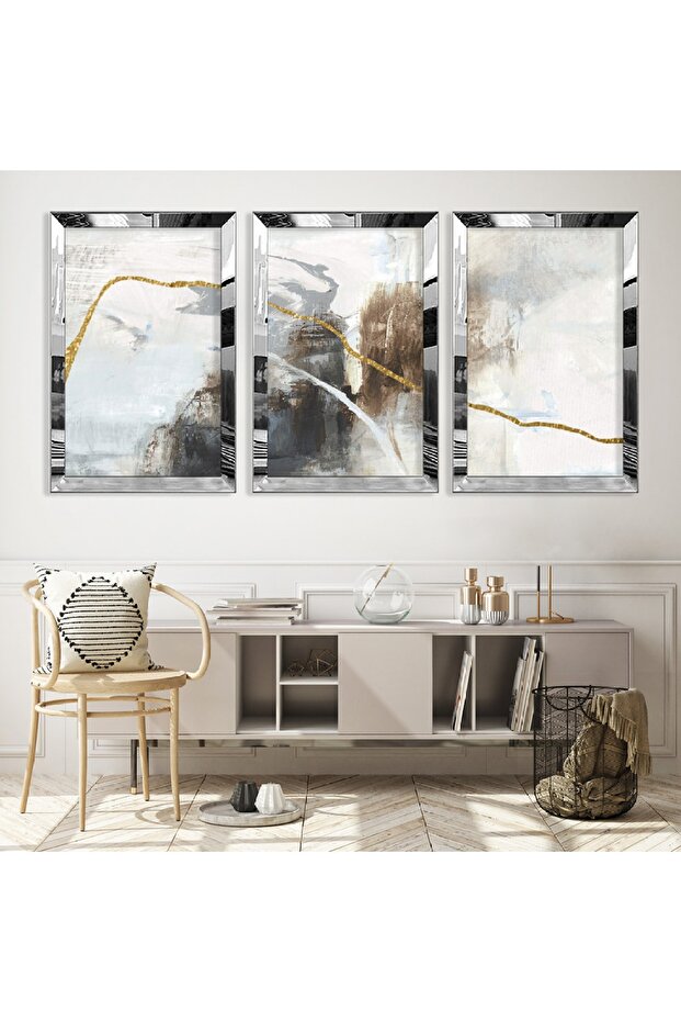 Triple Abstract Pattern Triple Mdf Table Set with Silver Mirrored Plexi Frame