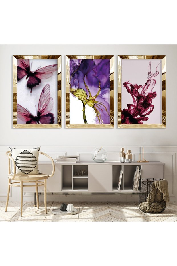 Colorful Triple Mdf Table Set with Gold Mirrored Plexi Frame