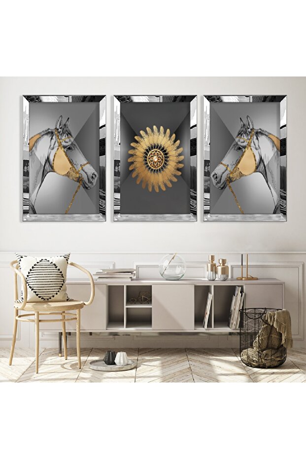 Minimalist Triple Abstract Pattern Triple Mdf Table Set with Silver Mirrored Plexi Frame
