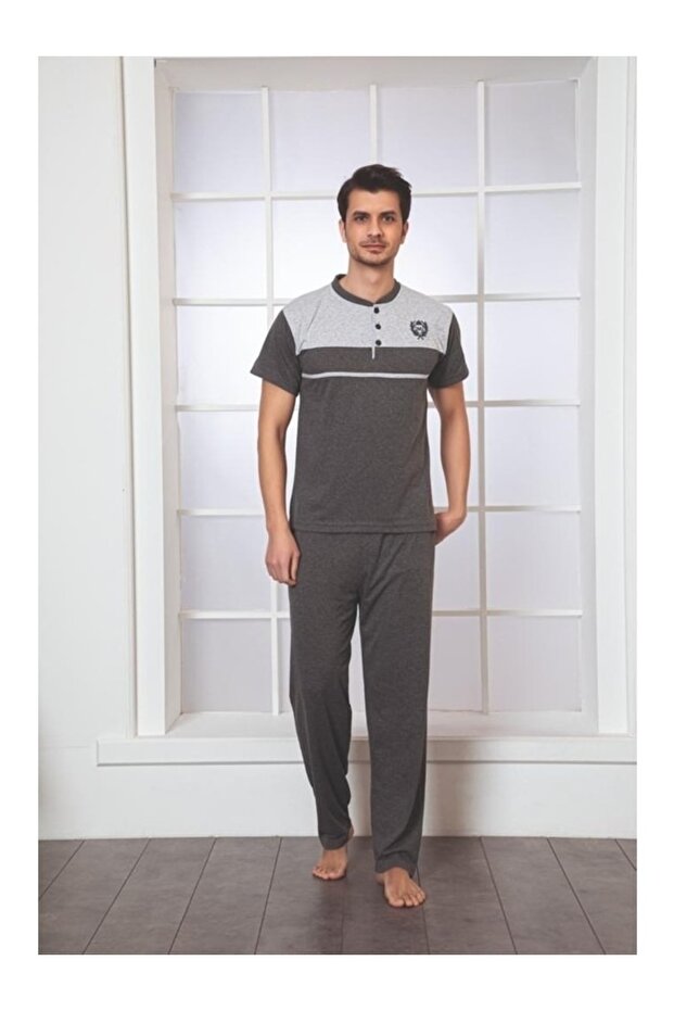 Men's Short Sleeve Bottom Pajamas Long Cotton Summer Pajama Set
