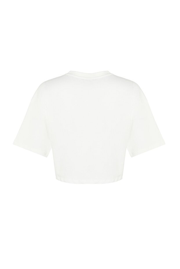 Ekru Relaxed/Rahat Kalıp %100 Kalın Pamuklu Crop Örme T-Shirt TWOSS23TS00038 - 8