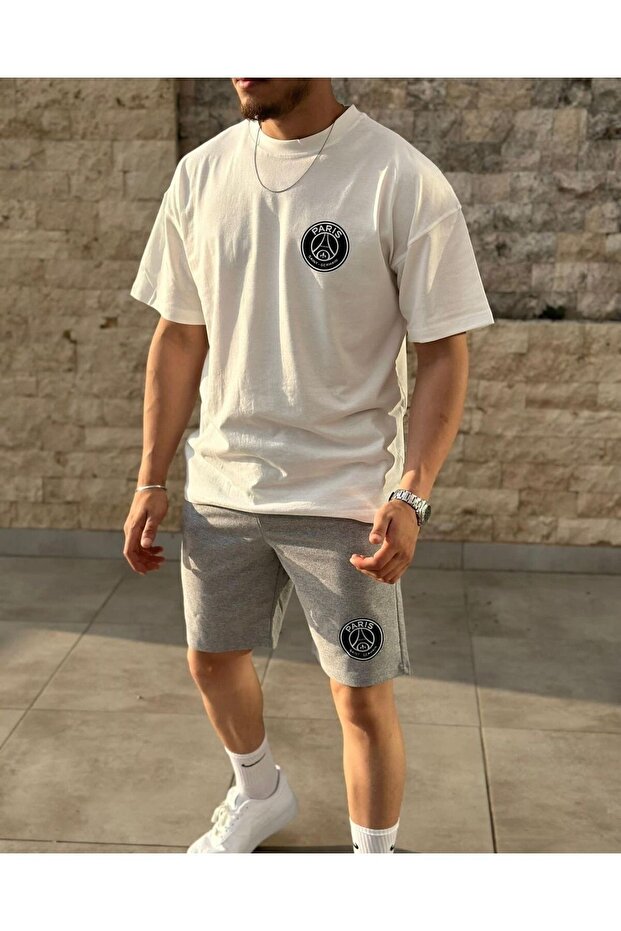 Plus Size Summer Paris Football Printed Crew Neck T-shirt Shorts Set