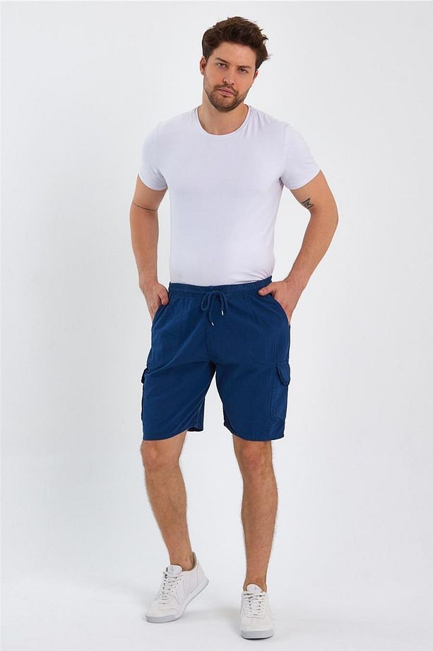 Erkek Indigo Kargo Cepli Regular Bağcıklı Keten Şort-crepesrt01r04s - 4