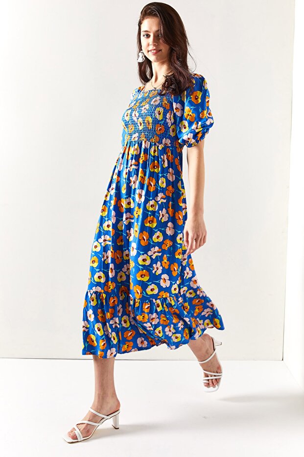 Women's Cobalt Blue Orange Elastic Casual Woven Viscose Dress ELB-19001483