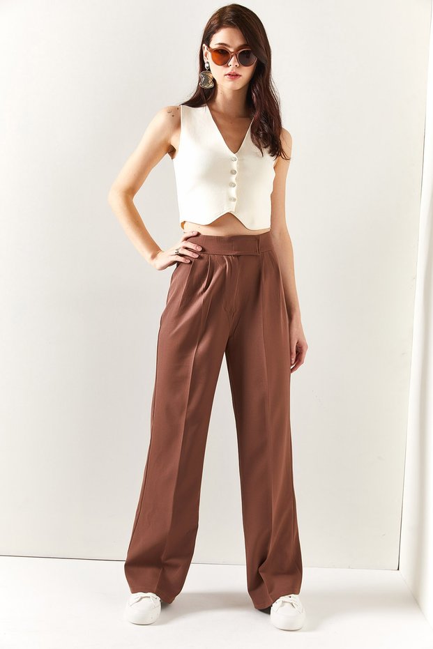 Women's Earth Waist Velcro Pleated Palazzo Trousers PNT-19000222