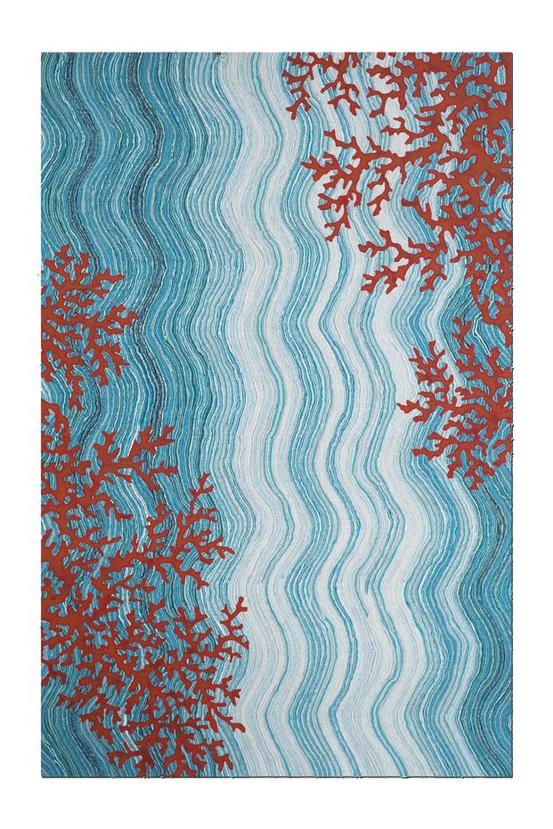 Marine Yacht Collection Blue Wave Pattern Coral Colored Woven Base Carpet Mira 1345