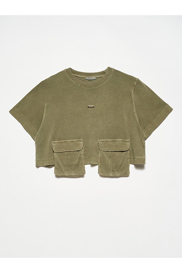 30244 Faded Effect Cargo Pocket T-Shirt-Khaki