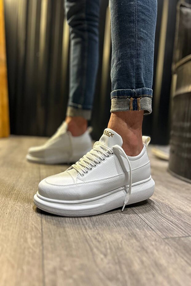 White Leather Lace-up High Sole Men's Sports Shoes