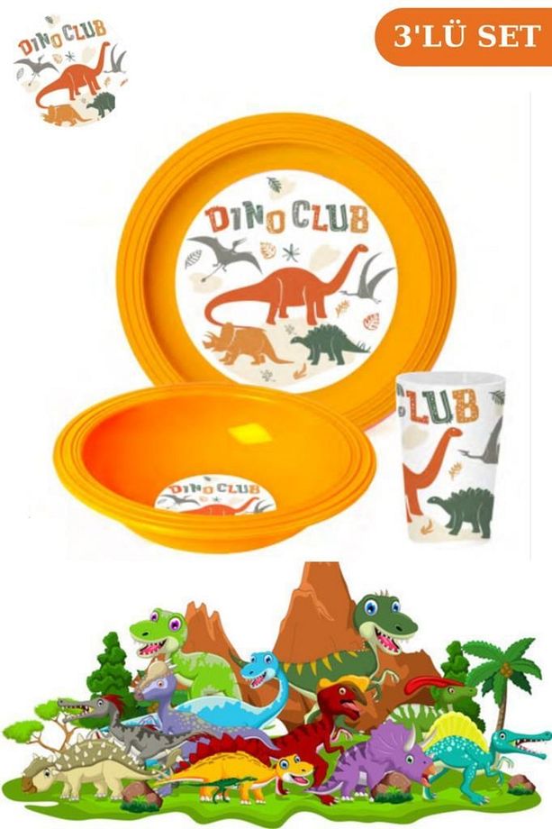 Lisanslı Dino Club Çocuk Kahvaltı Seti, Dinozorlar Desenli Kase Tabak Bardak 3’lü Yemek Seti - 1