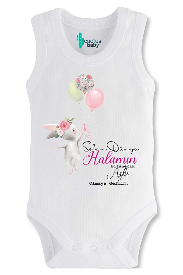 Cactus Baby Still Written Baby Sleeveless Printed Cotton White Baby Bodysuit