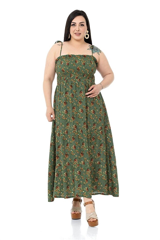 Large Size Rope Strap Long Green Dress with Frill on the Chest and Elastic
