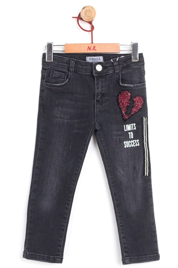 Girl's Heart Jewelled Cotton Cotton Black Color Stretchy Jean Jeans Denim Trousers