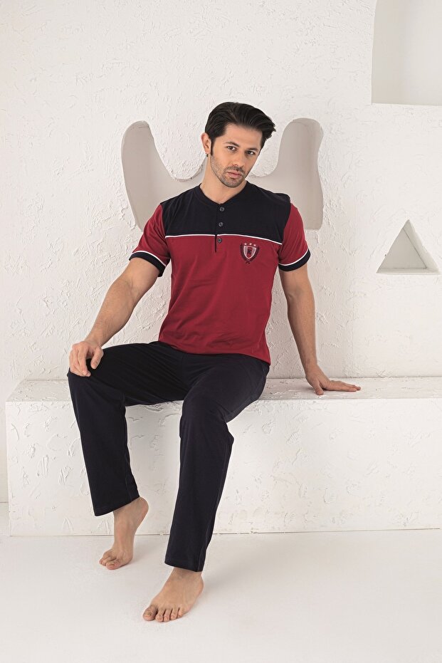 Short Sleeve, Six Long Spaced Pockets, Three Buttons Burgundy Color Men's Pajamas Set