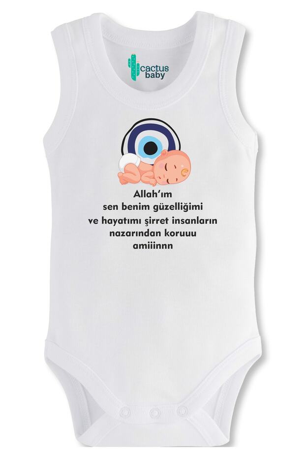 Cactus Baby Evil Eye Written Baby Sleeveless Printed Cotton White Baby Body