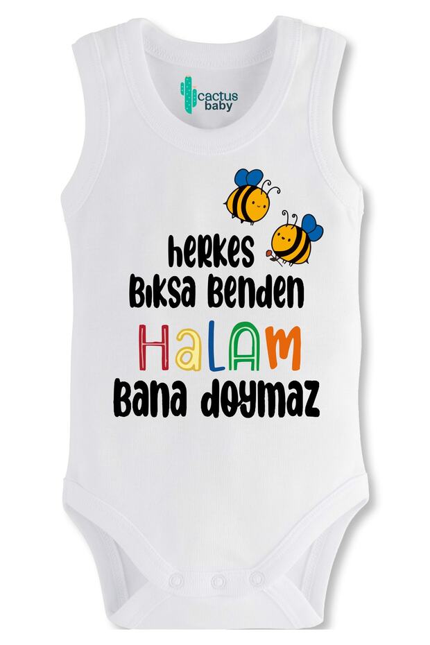Cactus Baby Still Written Baby Sleeveless Printed Cotton White Baby Bodysuit