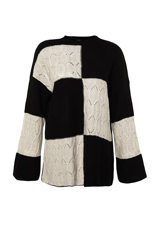 Black Openwork/Perforated Color Block Knitted Knitwear Sweater TCTAW24AK00055 - 6