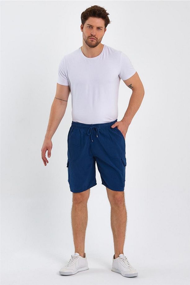 Erkek Indigo Kargo Cepli Regular Bağcıklı Keten Şort-crepesrt01r04s - 5