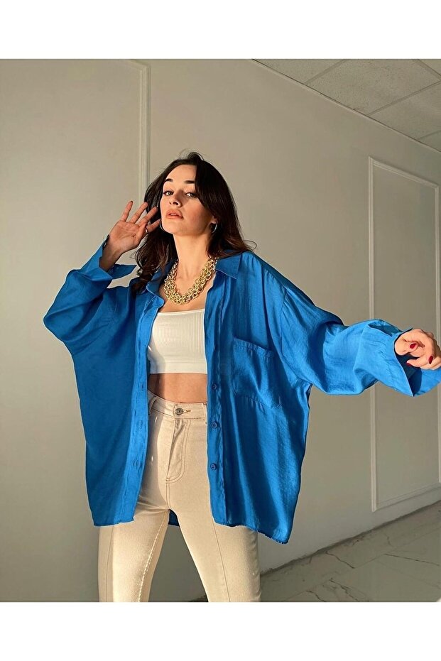 Off-Shoulder Summer Fabric Oversize Shirt - 5