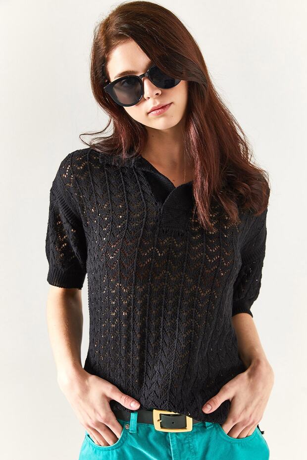 Women's Black Polo Neck Openwork Side Slit Knitwear Blouse BLZ-19002216