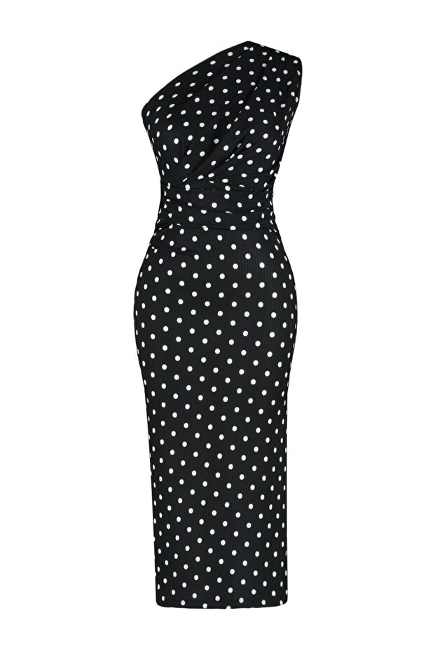 Siyah Baskılı Fitted/Vücuda Oturan Tek Omuz Asimetrik Büzgü Detaylı Örme Kalem Elbise TWOSS23EL02182 - 7
