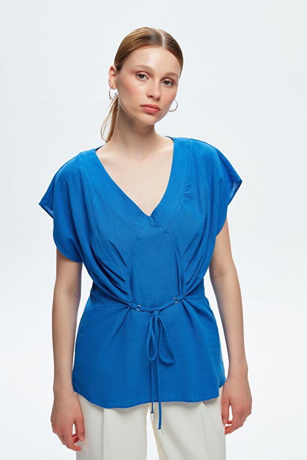 V Yaka Bağlamalı Bluz - 1