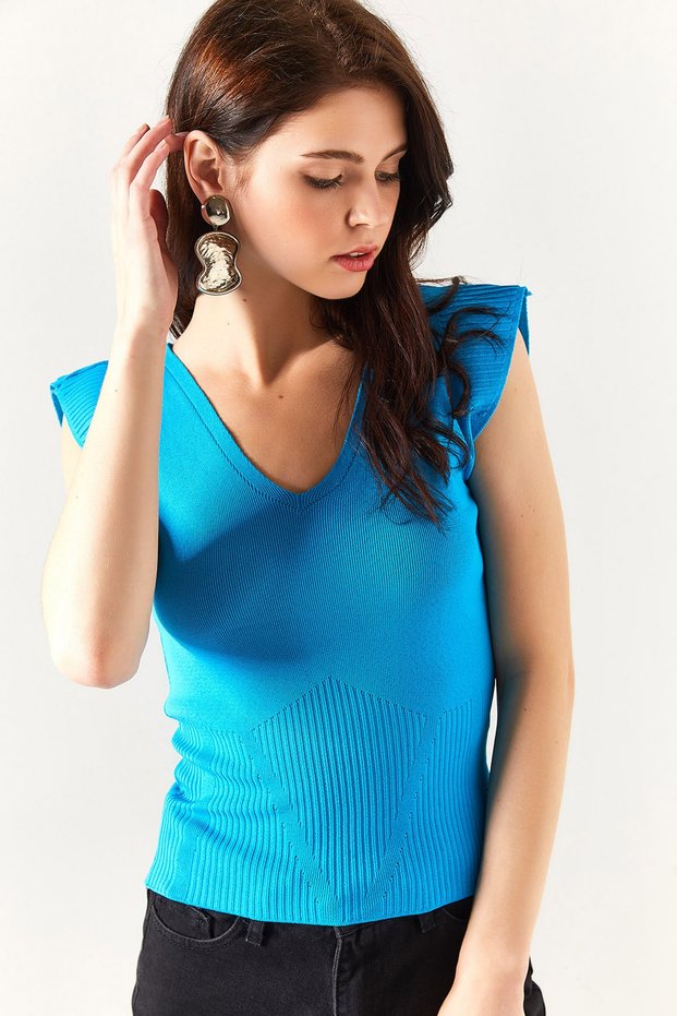 Women's Turquoise Shoulder and Skirt Detailed Front Back V Knitwear Blouse BLZ-19002207
