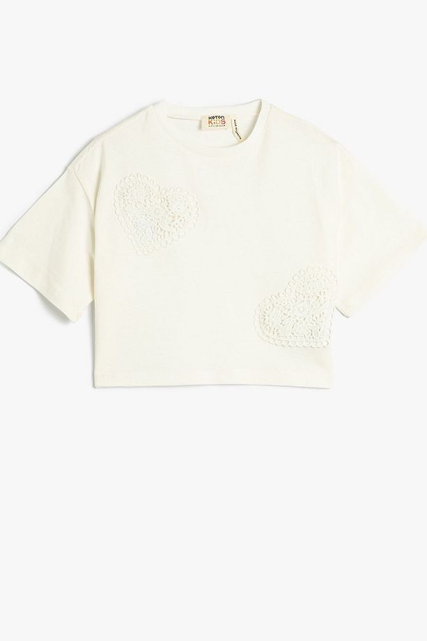 Kız Çocuk Crop Kısa Kollu Dantel Aplike Detaylı Oversize  T-Shirt - 1