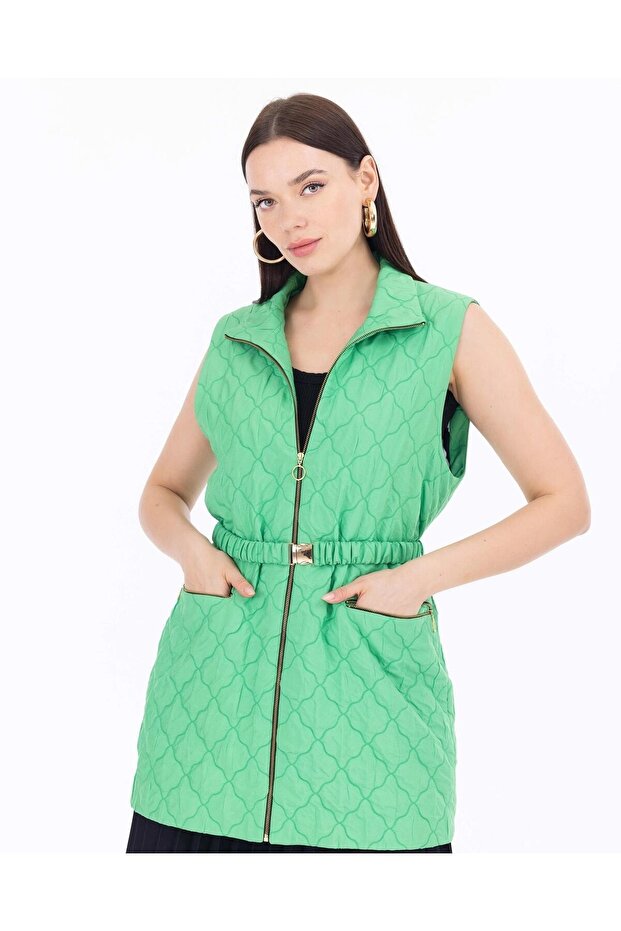 SEÇİL DİK YAKA KEMERLİ KAPİTONE CEKET - 1