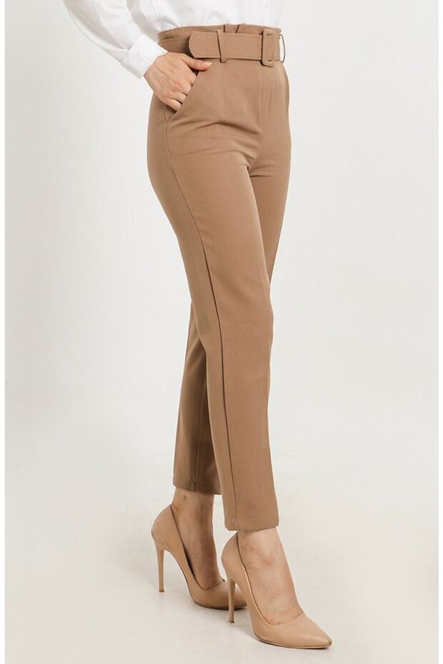 Large Size Balca Belt High Waist Narrow Leg Trousers - Milky Brown