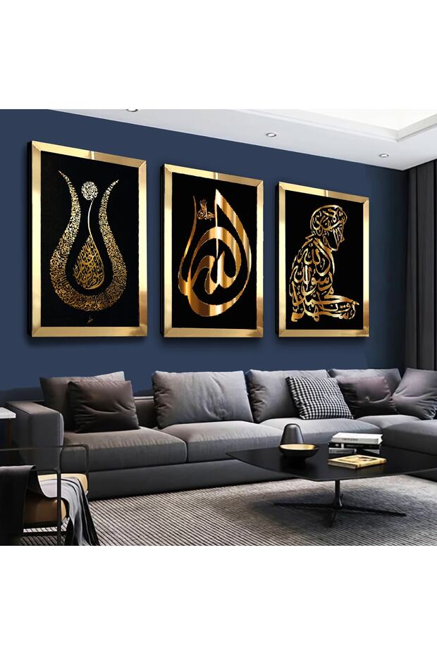 Gold Mirrored Plexiglass Framed Tulip and Man Adoring a Man Religious Triple Mdf Painting Set