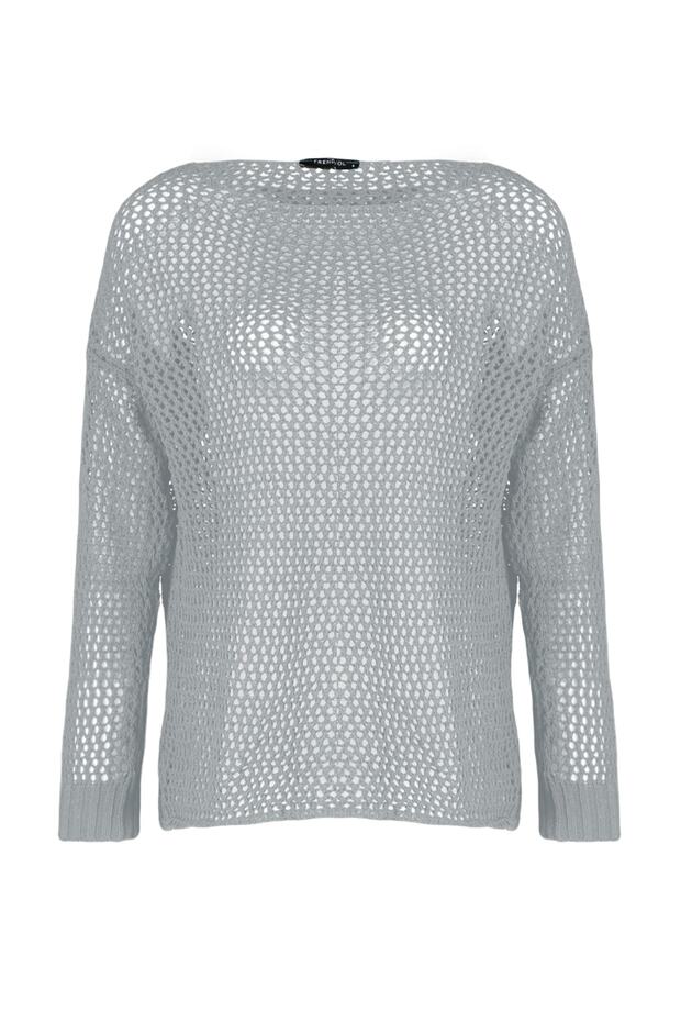 Gri Süper Geniş Kalıp Pamuklu Ajurlu/Delikli Triko Kazak TWOAW20FV0184 - 7