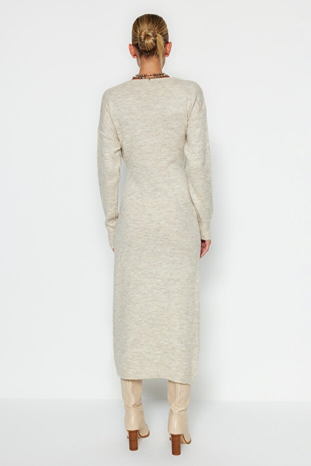 Pletené šaty se zavazováním s dvojitým límcem Midi - Stone Texture Twoaw21El0260 - 5