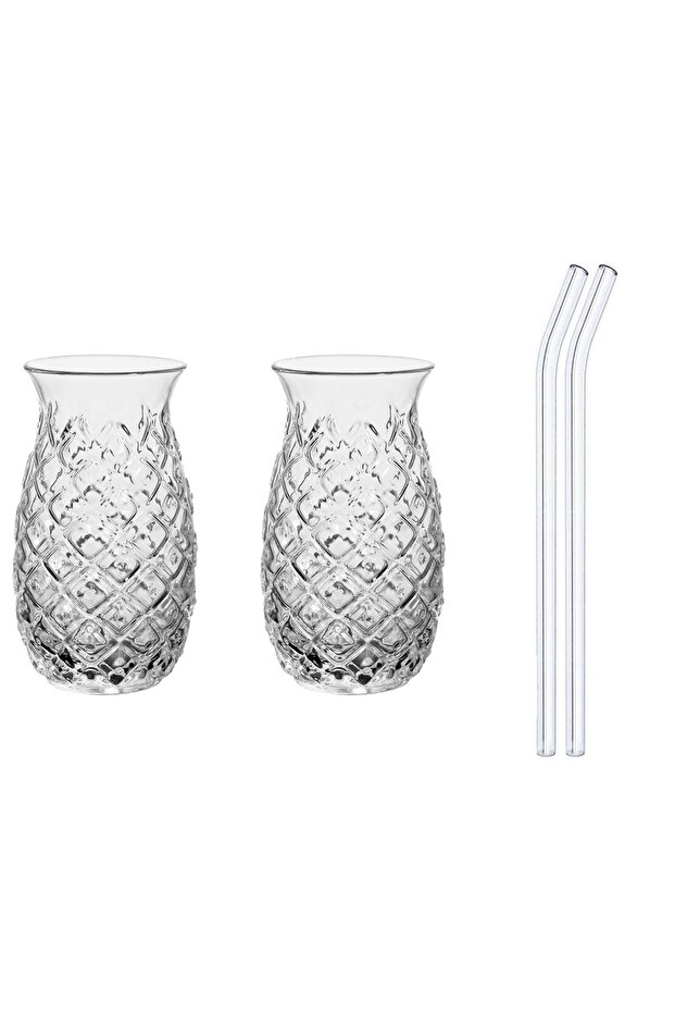 Cambu Pineapple 2 Pieces 420 Ml Cocktail Glass Soft Drink Glass Set, Glass 2 Pieces Glass Straw Transparent Gift