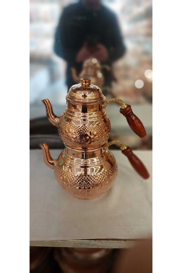 Bakır Işlemeli Demlik No:2 Desenli Kahverengi Renk Kulp Çaydanlik, Çaydanlık Emaye - 1