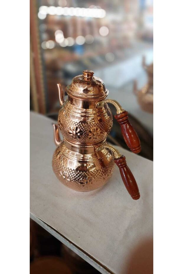 Bakır Işlemeli Demlik No:2 Desenli Kahverengi Renk Kulp Çaydanlik, Çaydanlık Emaye - 2