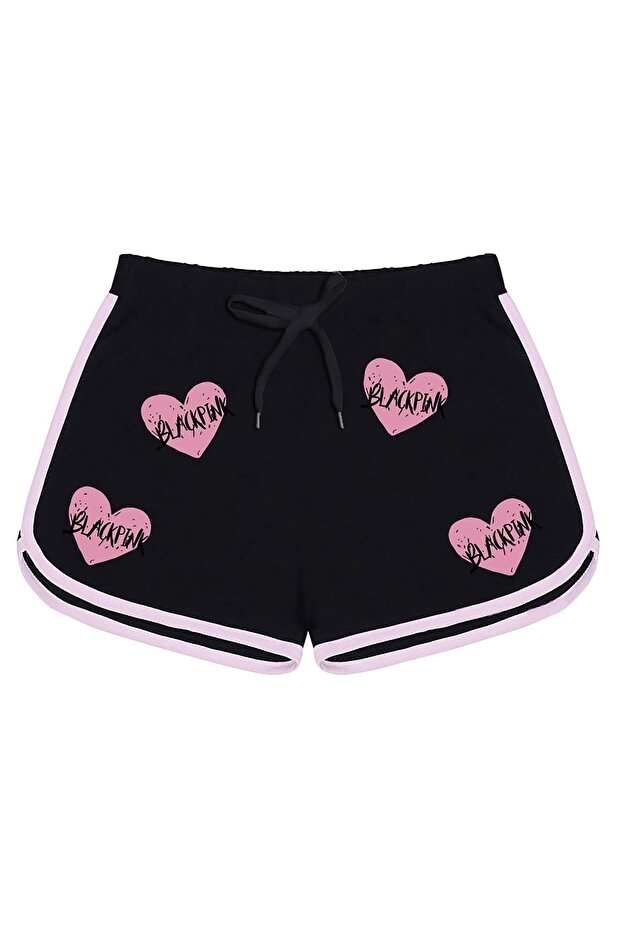 Blackpink Heart Printed Black Girls' Shorts