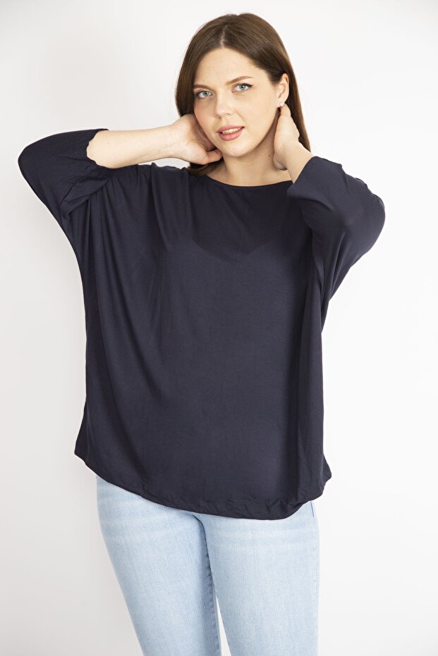 Women's Navy Blue Large Size Capri Sleeve Blouse with Crew Neck 65n36315