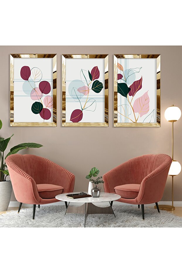 Abstract Pattern Leaf Gold Plexi Edge Triple Mdf Table Set