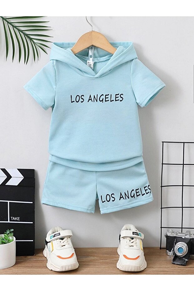 Los Angeles Printed Summer Hooded T-shirt Shorts Kids Set