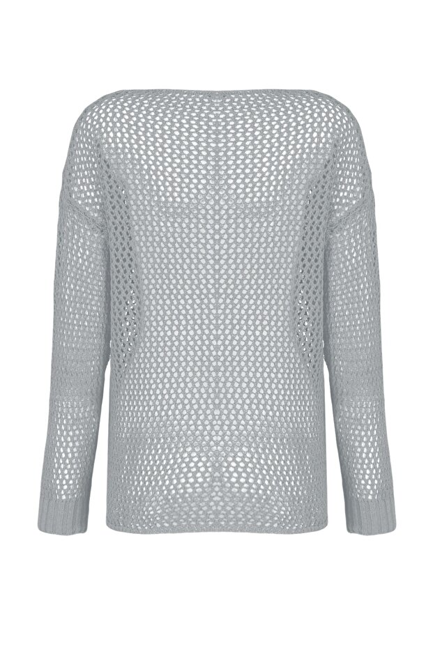 Gri Süper Geniş Kalıp Pamuklu Ajurlu/Delikli Triko Kazak TWOAW20FV0184 - 9
