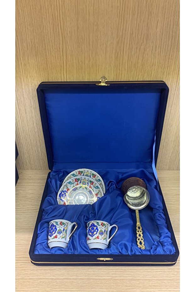 5-Piece Two-Person Hand Decor Gold Gilded Coffee Cup Set Copper with Velvet Box
