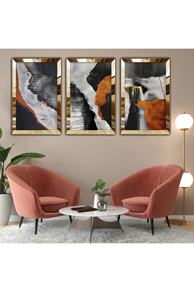 مجموعة رسم ثلاثية من MDF بإطار من زجاج شبكي عاكس ذهبي