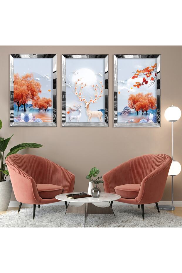 Silver Mirrored Plexiglass Framed Deer Abstract Pattern Triple Mdf Painting Set