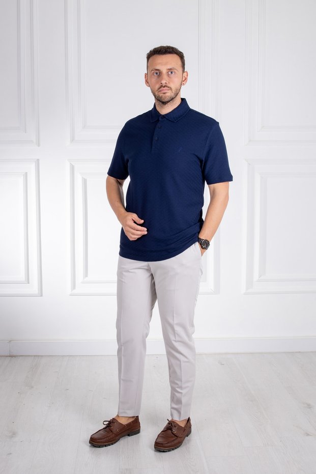 Interview Polo Neck 100% Cotton Textured Navy Blue T-shirt