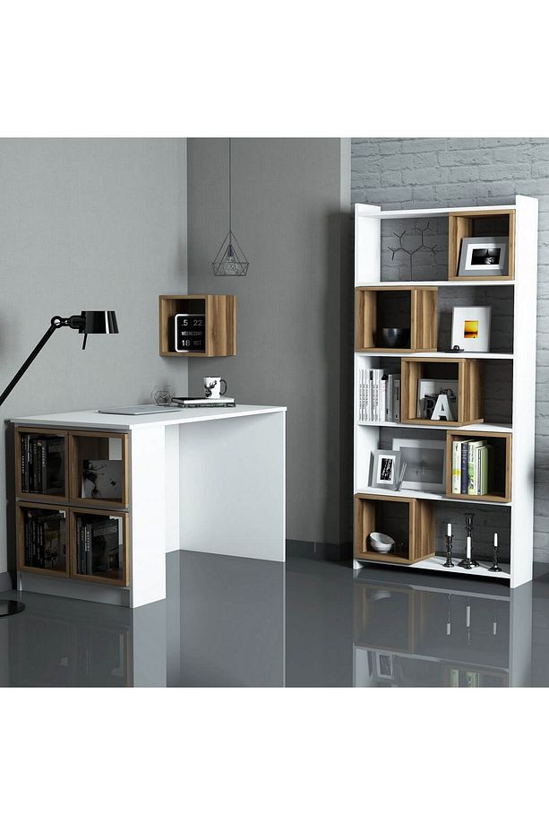 Box Çalışma Masası Ve Kitaplık Takımı Beyaz Ceviz - 1